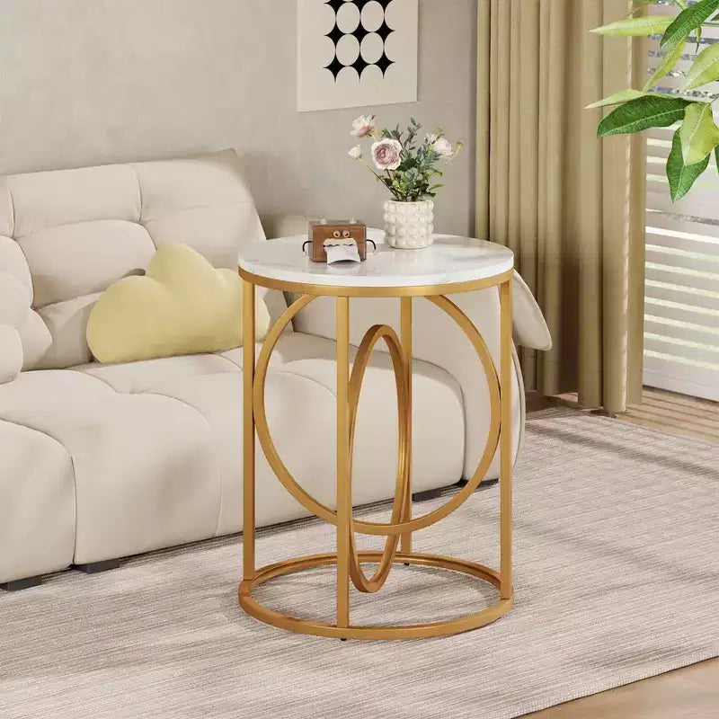 MAYEERTY 19.7 Round End Table, White Faux Marble Top Gold O-Shaped Metal Frame Nightstand