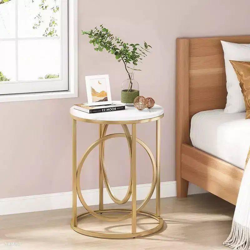 MAYEERTY 19.7 Round End Table, White Faux Marble Top Gold O-Shaped Metal Frame Nightstand