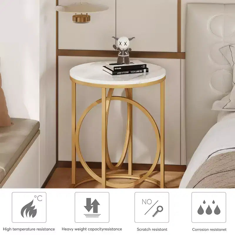 MAYEERTY 19.7 Round End Table, White Faux Marble Top Gold O-Shaped Metal Frame Nightstand