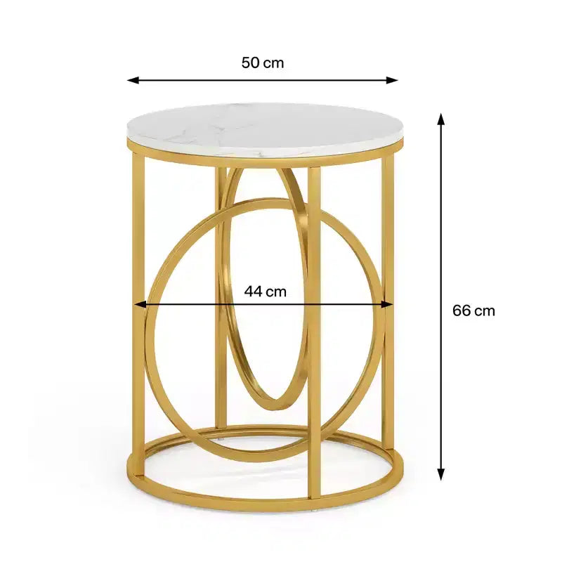 MAYEERTY 19.7 Round End Table, White Faux Marble Top Gold O-Shaped Metal Frame Nightstand