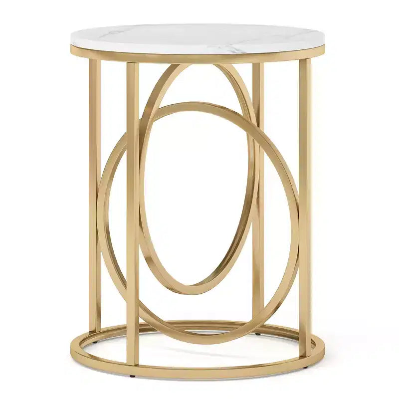 MAYEERTY 19.7 Round End Table, White Faux Marble Top Gold O-Shaped Metal Frame Nightstand