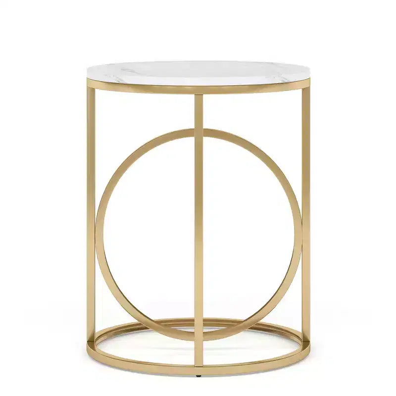 MAYEERTY 19.7 Round End Table, White Faux Marble Top Gold O-Shaped Metal Frame Nightstand