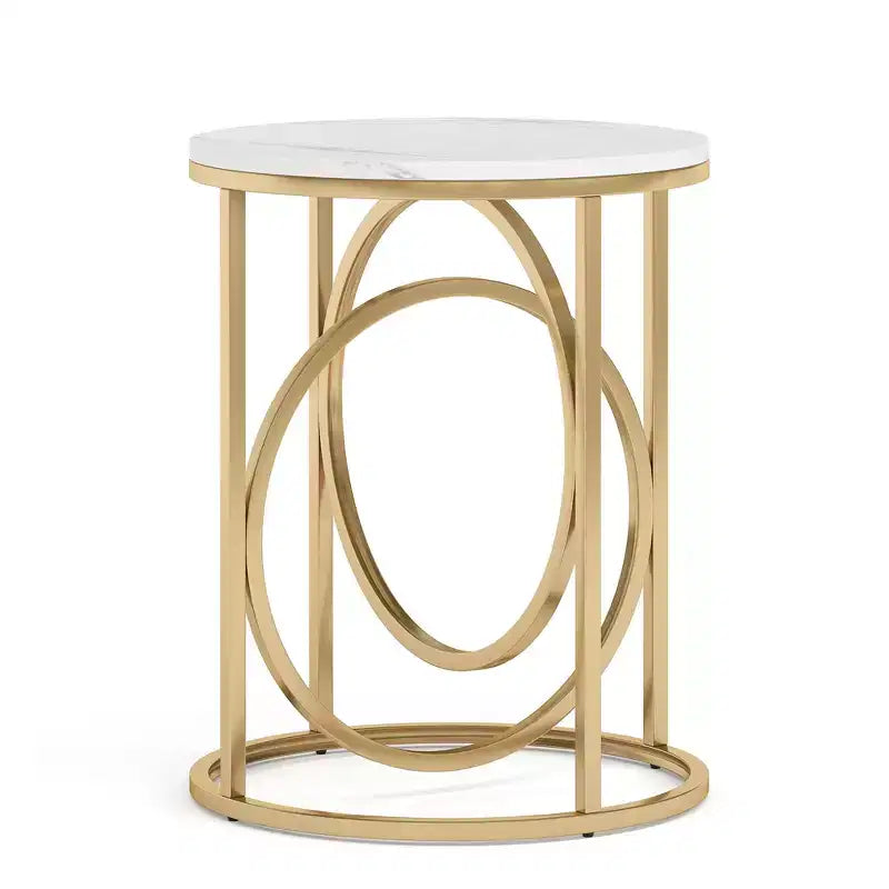 MAYEERTY 19.7 Round End Table, White Faux Marble Top Gold O-Shaped Metal Frame Nightstand
