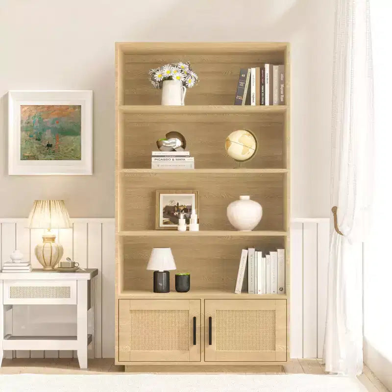 5 Tier Bookshelf, Boho Bookcase with Rattan Doors, Wooden Bookcase and Bookshelf with Storage, Tall Book Stand, Large Bookshelf