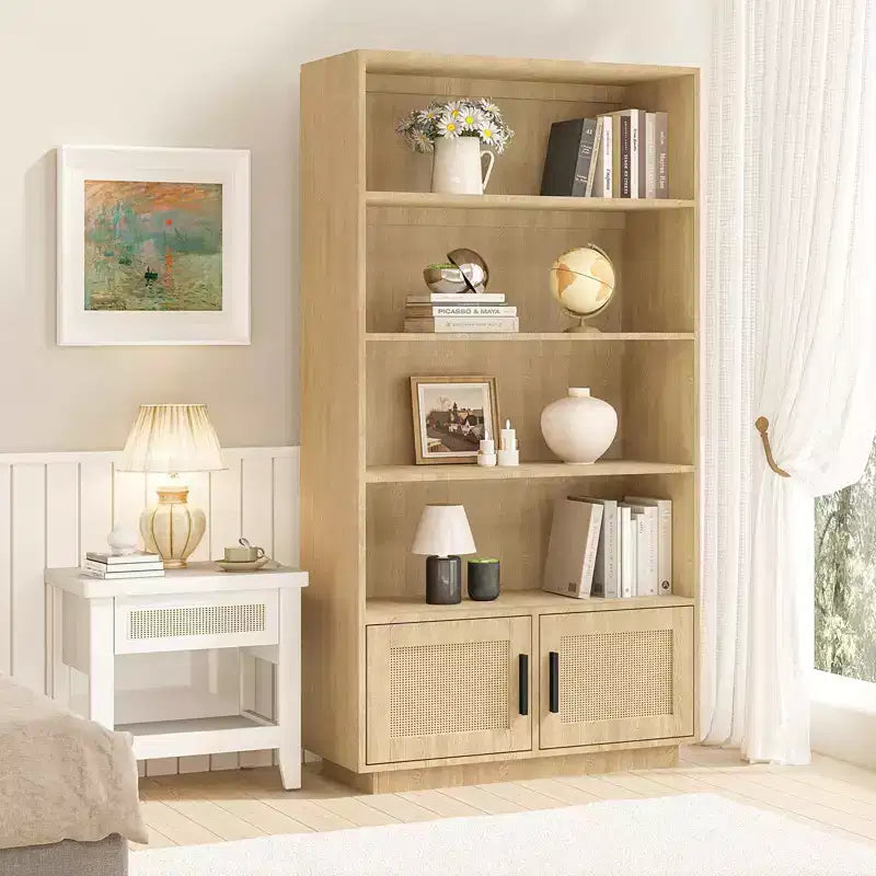 5 Tier Bookshelf, Boho Bookcase with Rattan Doors, Wooden Bookcase and Bookshelf with Storage, Tall Book Stand, Large Bookshelf