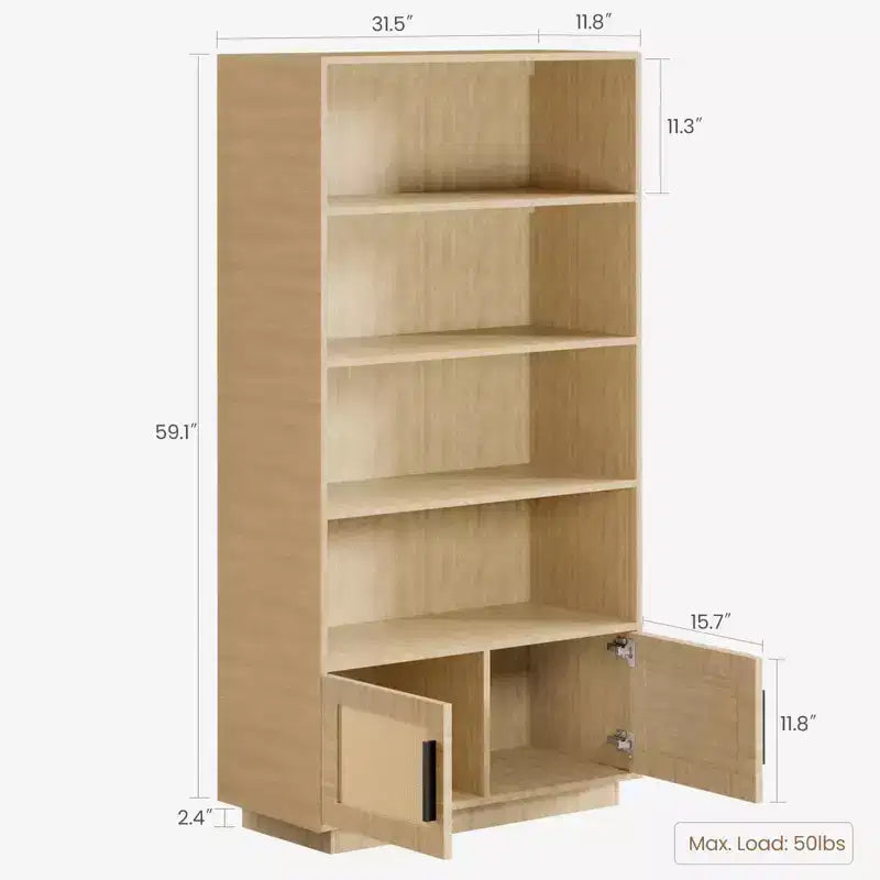 5 Tier Bookshelf, Boho Bookcase with Rattan Doors, Wooden Bookcase and Bookshelf with Storage, Tall Book Stand, Large Bookshelf