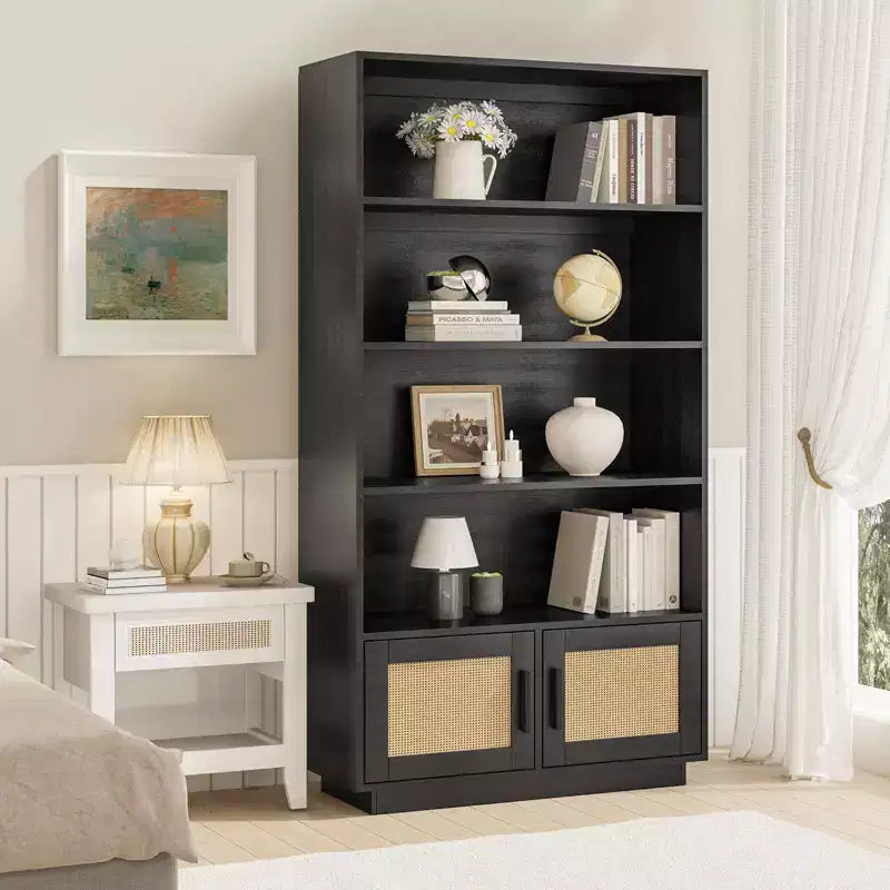 5 Tier Bookshelf, Boho Bookcase with Rattan Doors, Wooden Bookcase and Bookshelf with Storage, Tall Book Stand, Large Bookshelf