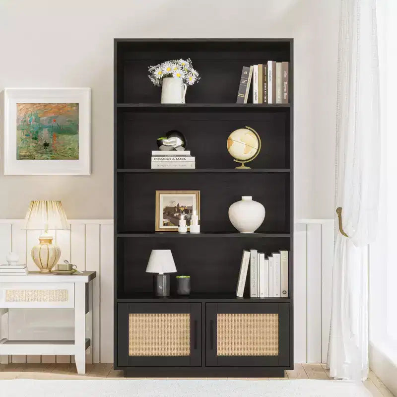 5 Tier Bookshelf, Boho Bookcase with Rattan Doors, Wooden Bookcase and Bookshelf with Storage, Tall Book Stand, Large Bookshelf