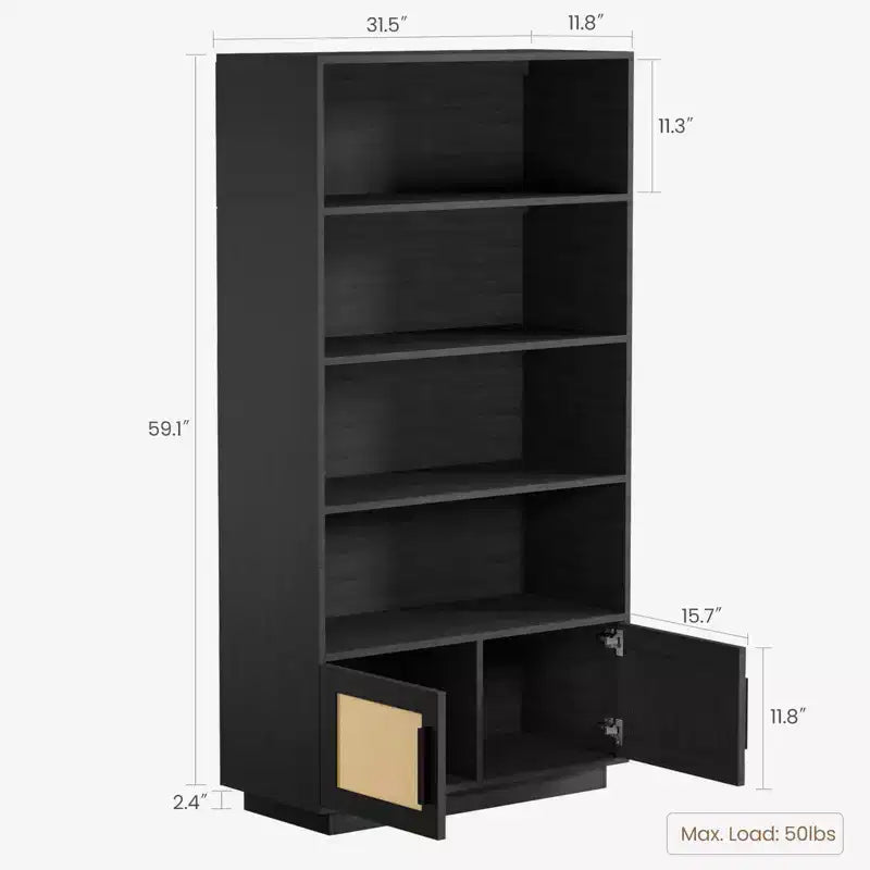 5 Tier Bookshelf, Boho Bookcase with Rattan Doors, Wooden Bookcase and Bookshelf with Storage, Tall Book Stand, Large Bookshelf