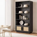 5 Tier Bookshelf, Boho Bookcase with Rattan Doors, Wooden Bookcase and Bookshelf with Storage, Tall Book Stand, Large Bookshelf