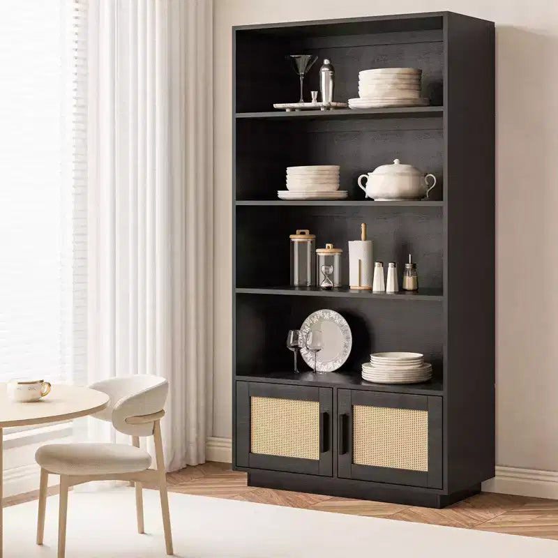 5 Tier Bookshelf, Boho Bookcase with Rattan Doors, Wooden Bookcase and Bookshelf with Storage, Tall Book Stand, Large Bookshelf