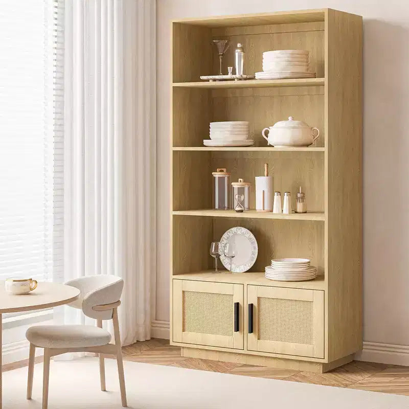 5 Tier Bookshelf, Boho Bookcase with Rattan Doors, Wooden Bookcase and Bookshelf with Storage, Tall Book Stand, Large Bookshelf