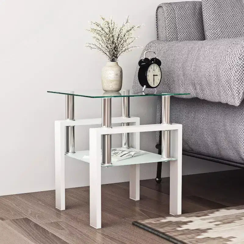 Okak Modern Elegant Tempered Glass Coffee Table 1PC, Square Tea Table End Table with Open Shelf for Small Living Room