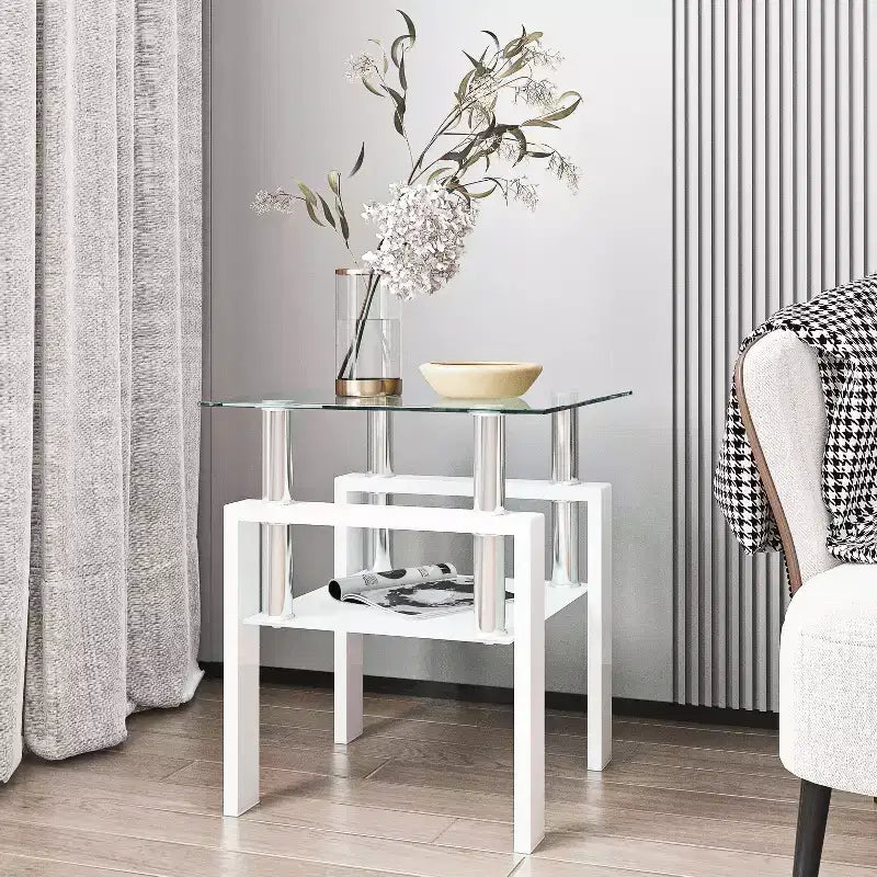 Okak Modern Elegant Tempered Glass Coffee Table 1PC, Square Tea Table End Table with Open Shelf for Small Living Room