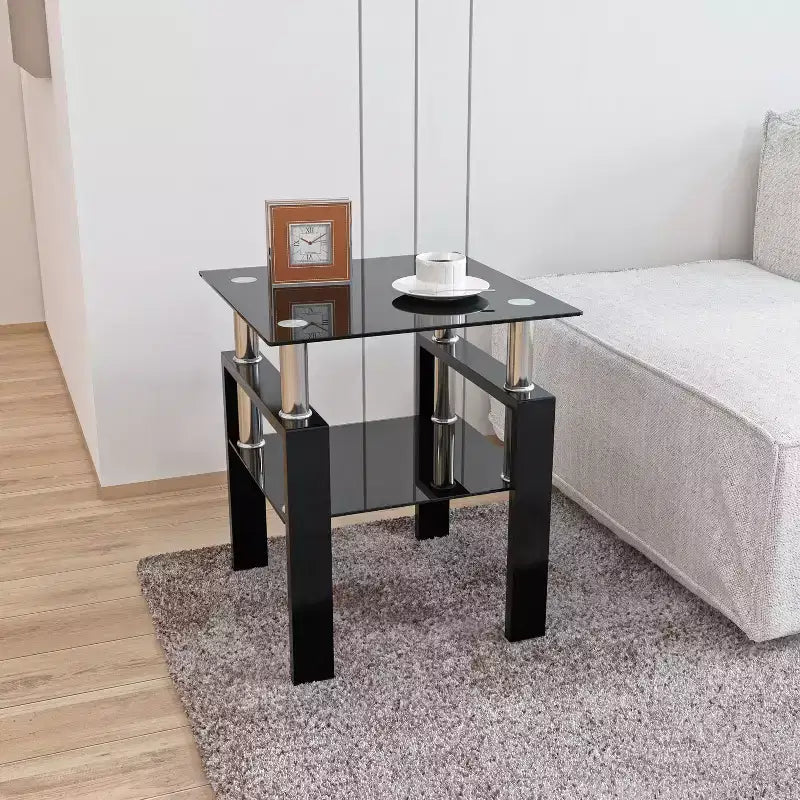 Okak Modern Elegant Tempered Glass Coffee Table 1PC, Square Tea Table End Table with Open Shelf for Small Living Room