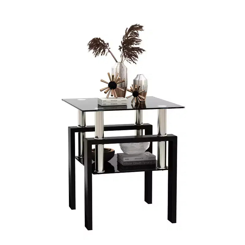 Okak Modern Elegant Tempered Glass Coffee Table 1PC, Square Tea Table End Table with Open Shelf for Small Living Room