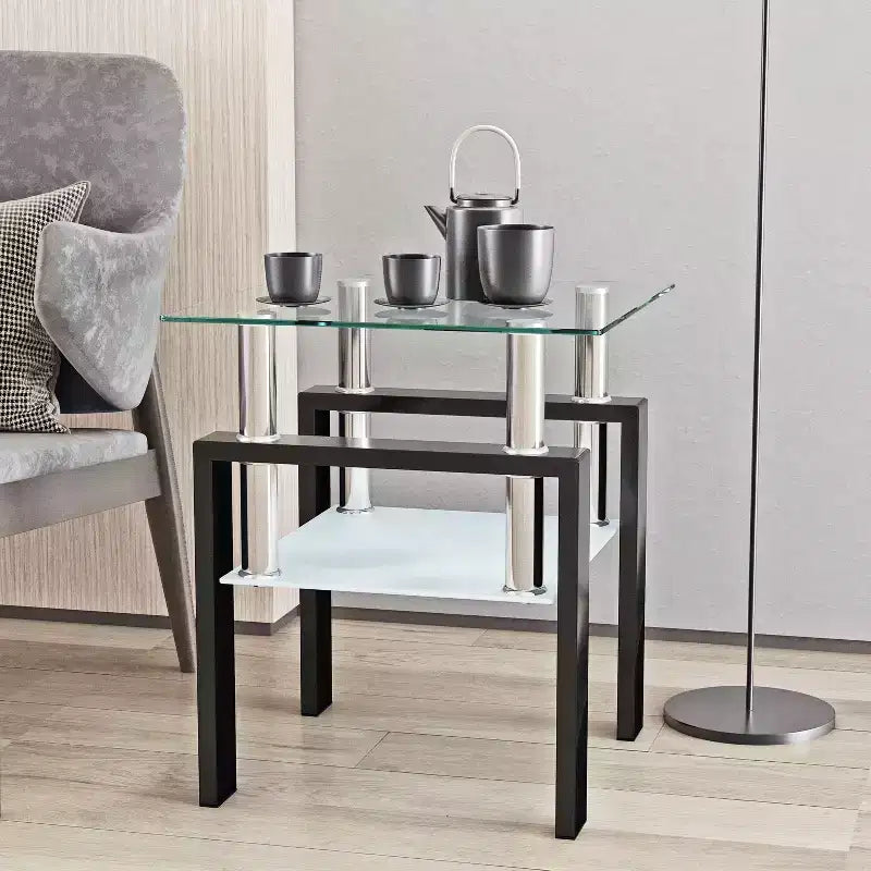 Okak Modern Elegant Tempered Glass Coffee Table 1PC, Square Tea Table End Table with Open Shelf for Small Living Room