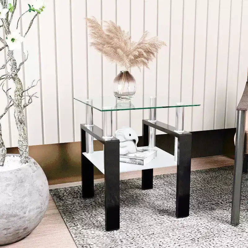 Okak Modern Elegant Tempered Glass Coffee Table 1PC, Square Tea Table End Table with Open Shelf for Small Living Room