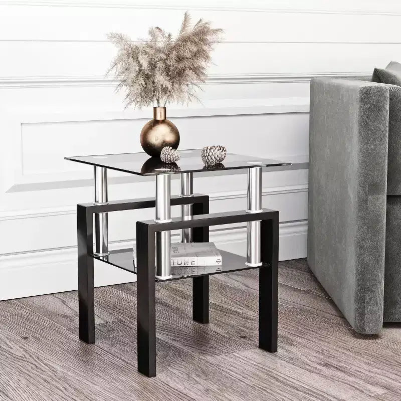 Okak Modern Elegant Tempered Glass Coffee Table 1PC, Square Tea Table End Table with Open Shelf for Small Living Room