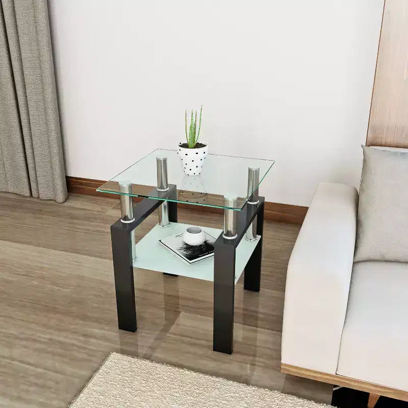 Okak Modern Elegant Tempered Glass Coffee Table 1PC, Square Tea Table End Table with Open Shelf for Small Living Room