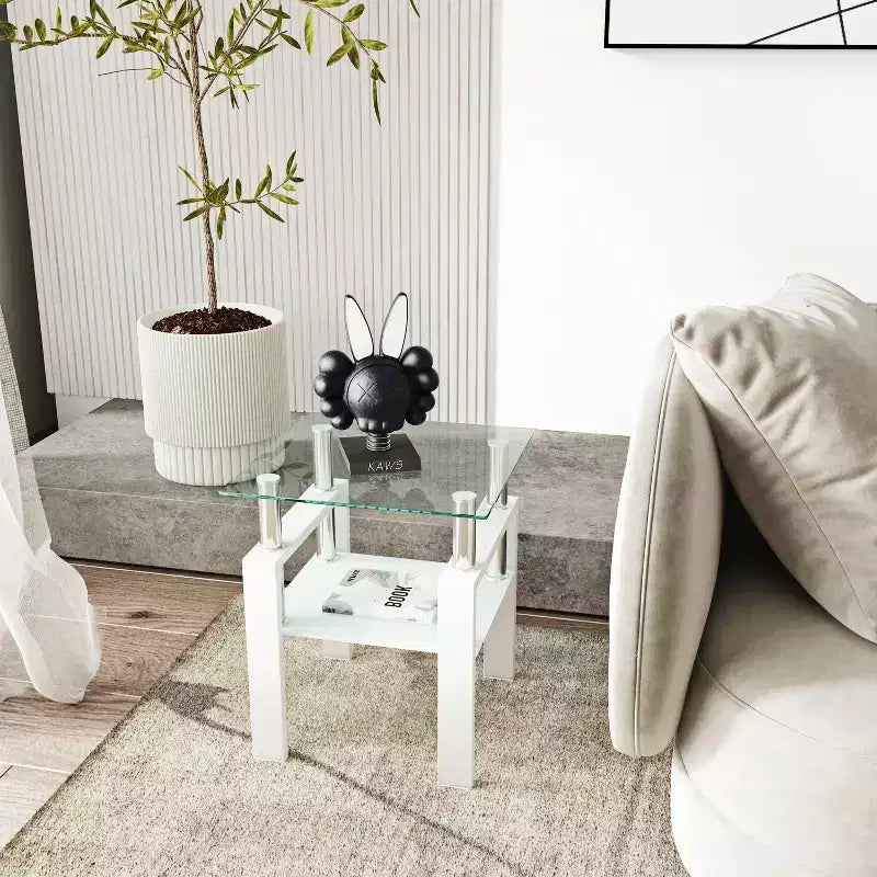 Okak Modern Elegant Tempered Glass Coffee Table 1PC, Square Tea Table End Table with Open Shelf for Small Living Room
