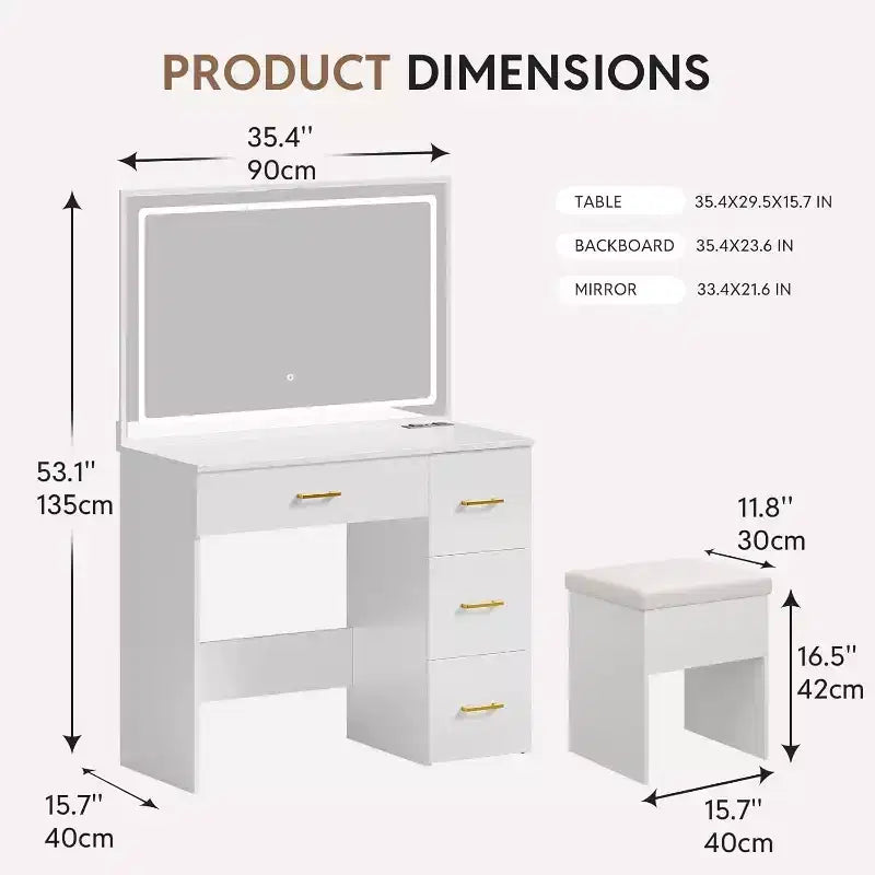 WAYES Makeup Vanity Set with LED Mirror, Charging Station, 4 Drawers & Storage Stool - 3-Foot Bedroom Vanity Desk, Modern White