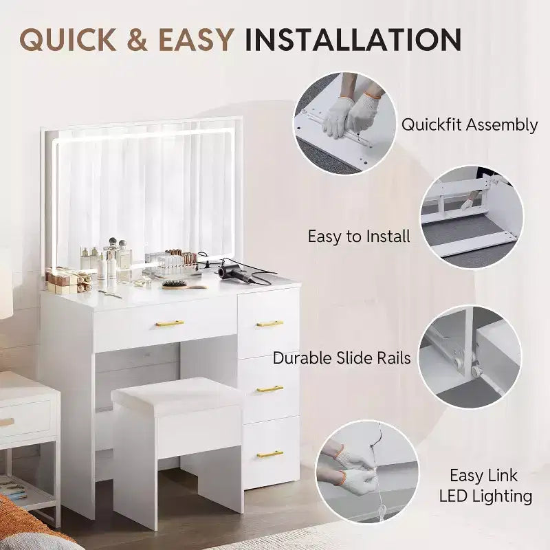 WAYES Makeup Vanity Set with LED Mirror, Charging Station, 4 Drawers & Storage Stool - 3-Foot Bedroom Vanity Desk, Modern White