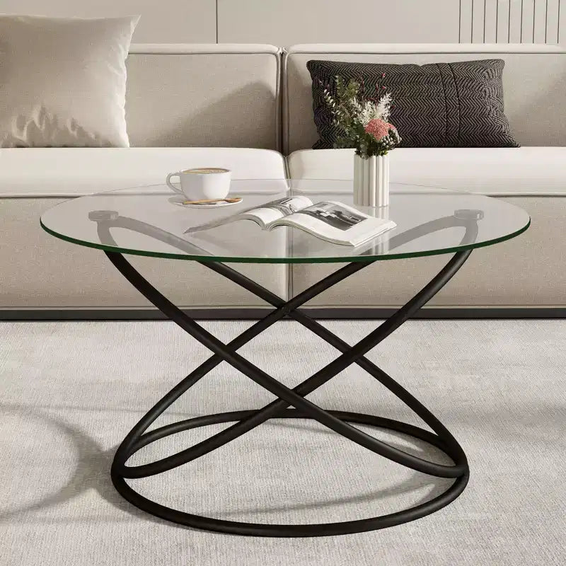 Bekrvio 31.5'' Round Glass/Faux Marble Coffee Table with Gold-Plating Bright Metal Oval Frame,Modern Circle Coffee Table for Living Room