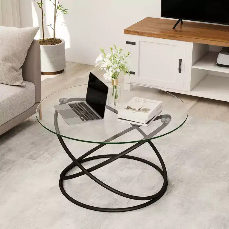 Bekrvio 31.5'' Round Glass/Faux Marble Coffee Table with Gold-Plating Bright Metal Oval Frame,Modern Circle Coffee Table for Living Room