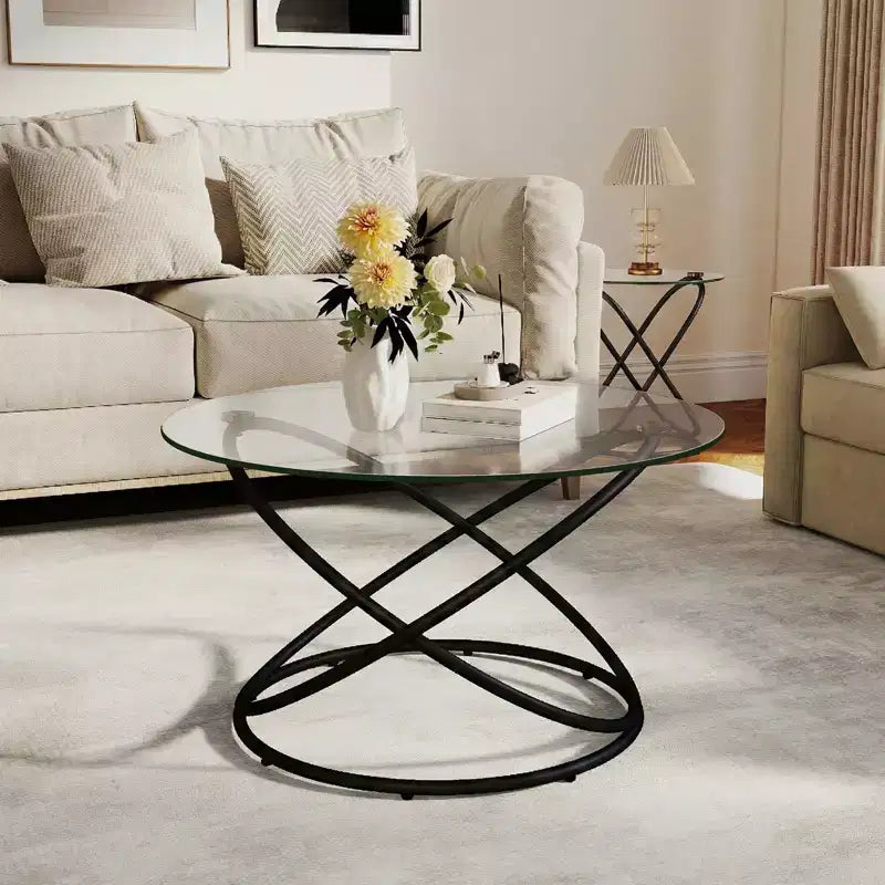 Bekrvio 31.5'' Round Glass/Faux Marble Coffee Table with Gold-Plating Bright Metal Oval Frame,Modern Circle Coffee Table for Living Room