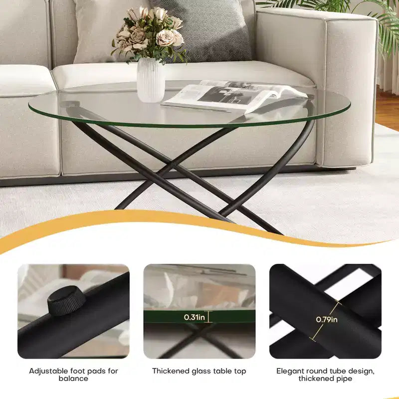 Bekrvio 31.5'' Round Glass/Faux Marble Coffee Table with Gold-Plating Bright Metal Oval Frame,Modern Circle Coffee Table for Living Room