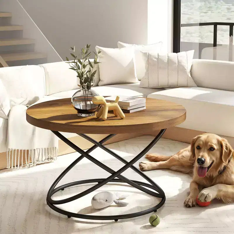 Bekrvio 31.5'' Round Glass/Faux Marble Coffee Table with Gold-Plating Bright Metal Oval Frame,Modern Circle Coffee Table for Living Room