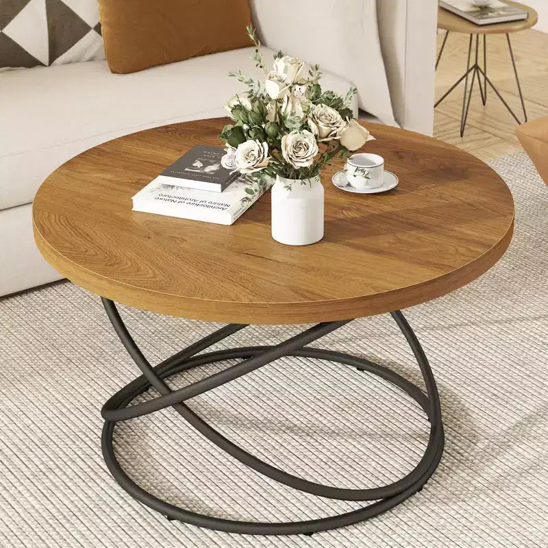 Bekrvio 31.5'' Round Glass/Faux Marble Coffee Table with Gold-Plating Bright Metal Oval Frame,Modern Circle Coffee Table for Living Room