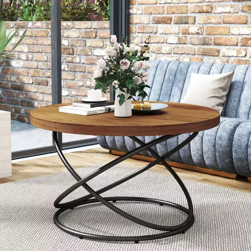 Bekrvio 31.5'' Round Glass/Faux Marble Coffee Table with Gold-Plating Bright Metal Oval Frame,Modern Circle Coffee Table for Living Room