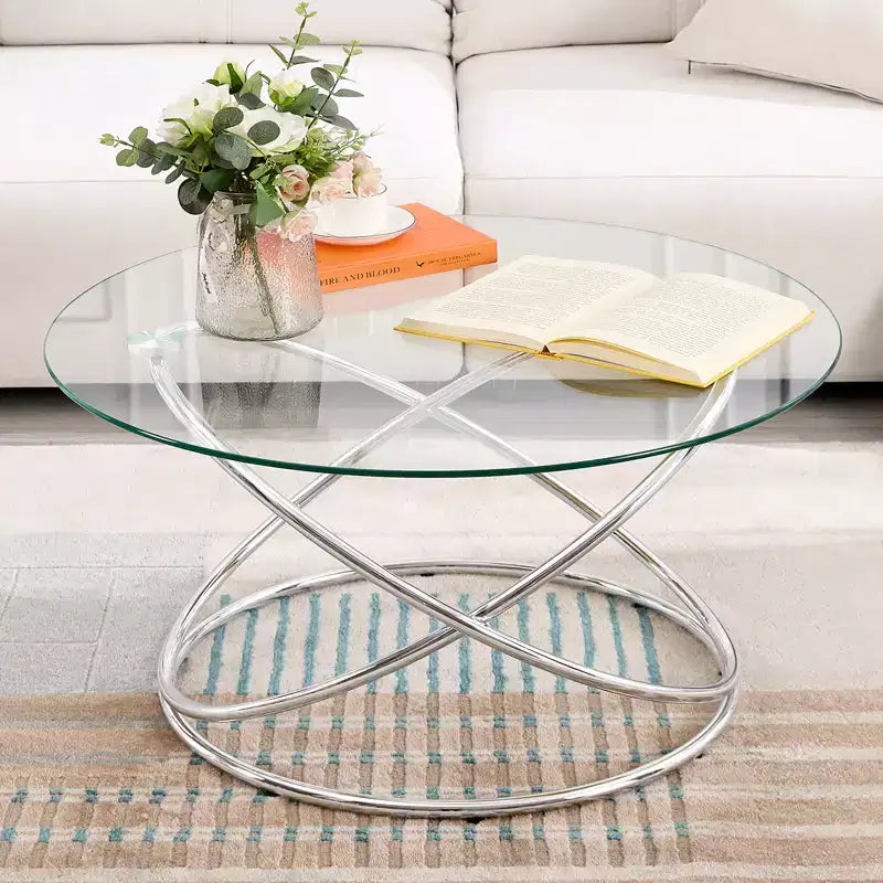 Bekrvio 31.5'' Round Glass/Faux Marble Coffee Table with Gold-Plating Bright Metal Oval Frame,Modern Circle Coffee Table for Living Room