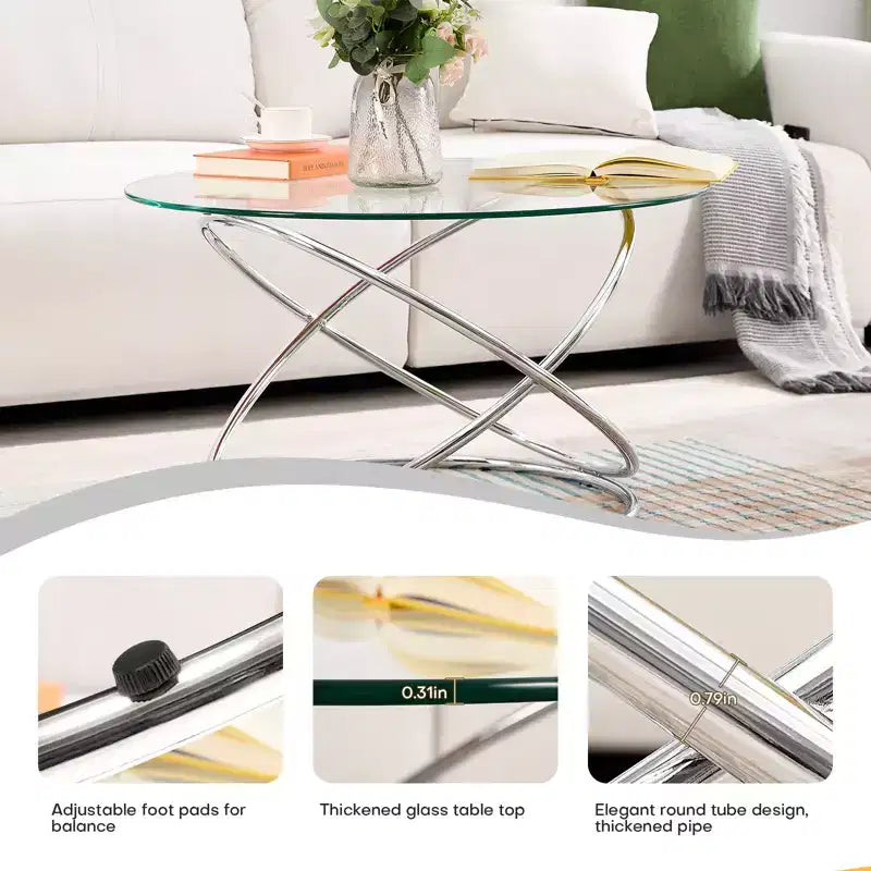 Bekrvio 31.5'' Round Glass/Faux Marble Coffee Table with Gold-Plating Bright Metal Oval Frame,Modern Circle Coffee Table for Living Room