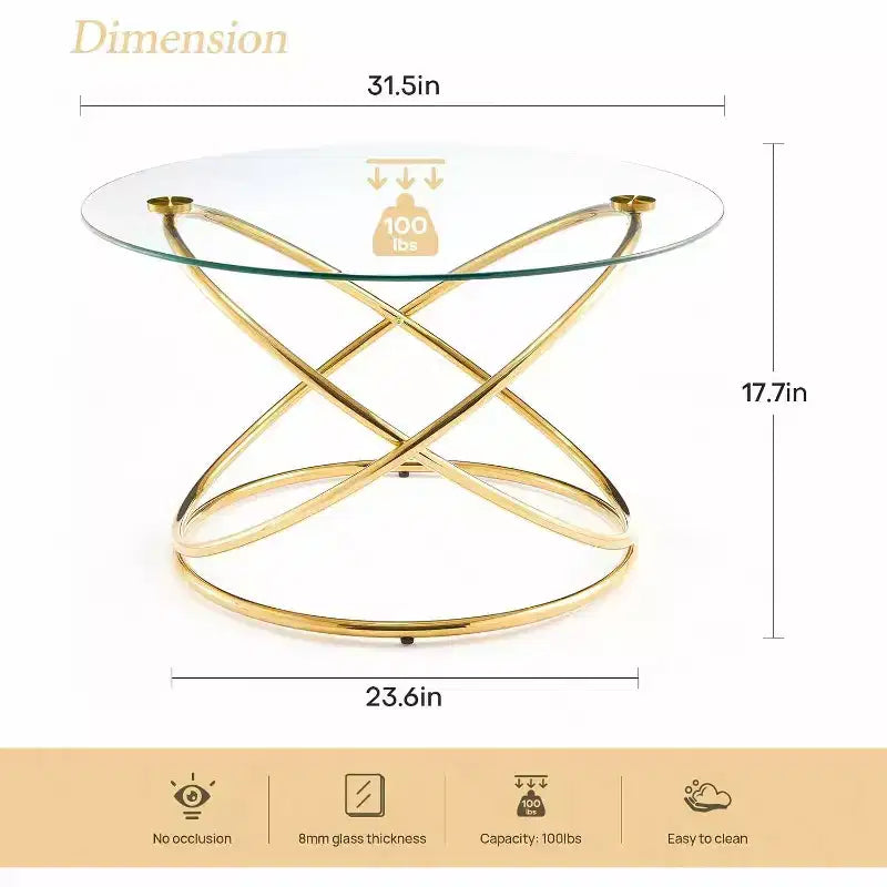 Bekrvio 31.5'' Round Glass/Faux Marble Coffee Table with Gold-Plating Bright Metal Oval Frame,Modern Circle Coffee Table for Living Room