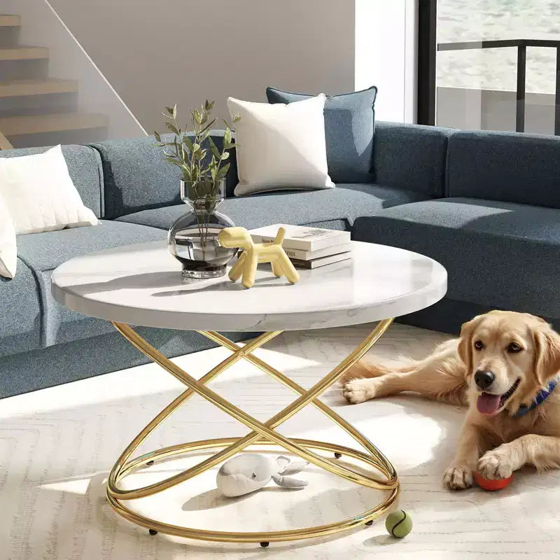 Bekrvio 31.5'' Round Glass/Faux Marble Coffee Table with Gold-Plating Bright Metal Oval Frame,Modern Circle Coffee Table for Living Room