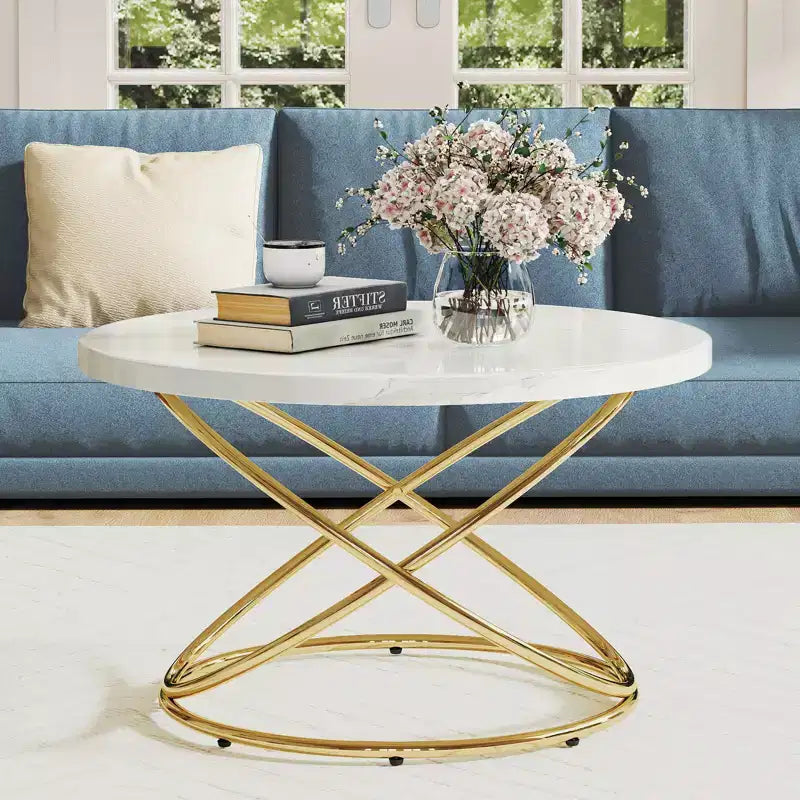 Bekrvio 31.5'' Round Glass/Faux Marble Coffee Table with Gold-Plating Bright Metal Oval Frame,Modern Circle Coffee Table for Living Room