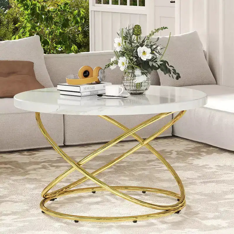 Bekrvio 31.5'' Round Glass/Faux Marble Coffee Table with Gold-Plating Bright Metal Oval Frame,Modern Circle Coffee Table for Living Room