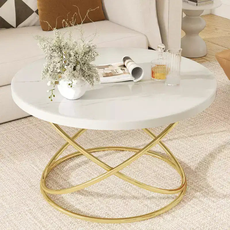 Bekrvio 31.5'' Round Glass/Faux Marble Coffee Table with Gold-Plating Bright Metal Oval Frame,Modern Circle Coffee Table for Living Room