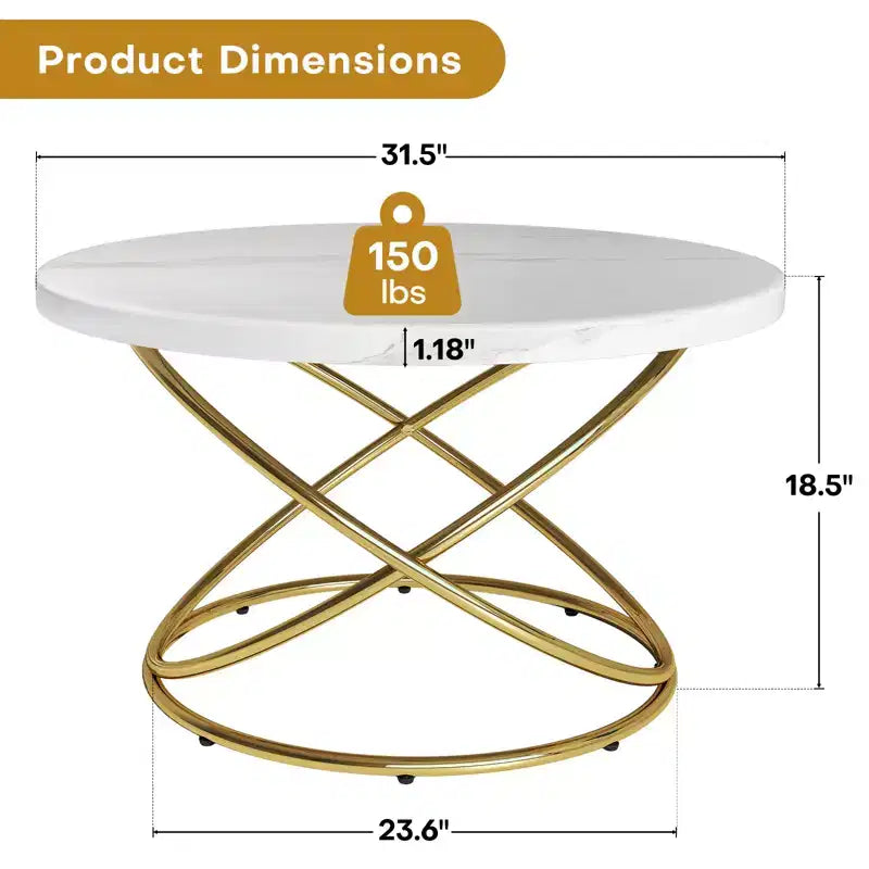 Bekrvio 31.5'' Round Glass/Faux Marble Coffee Table with Gold-Plating Bright Metal Oval Frame,Modern Circle Coffee Table for Living Room