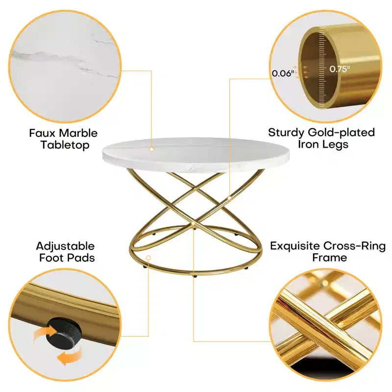 Bekrvio 31.5'' Round Glass/Faux Marble Coffee Table with Gold-Plating Bright Metal Oval Frame,Modern Circle Coffee Table for Living Room
