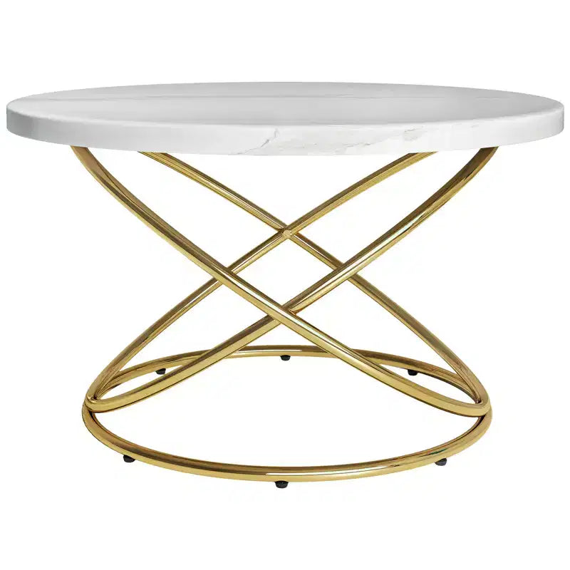 Bekrvio 31.5'' Round Glass/Faux Marble Coffee Table with Gold-Plating Bright Metal Oval Frame,Modern Circle Coffee Table for Living Room