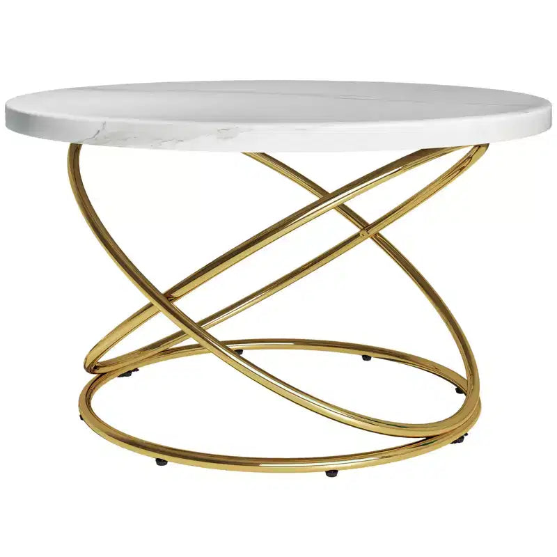 Bekrvio 31.5'' Round Glass/Faux Marble Coffee Table with Gold-Plating Bright Metal Oval Frame,Modern Circle Coffee Table for Living Room