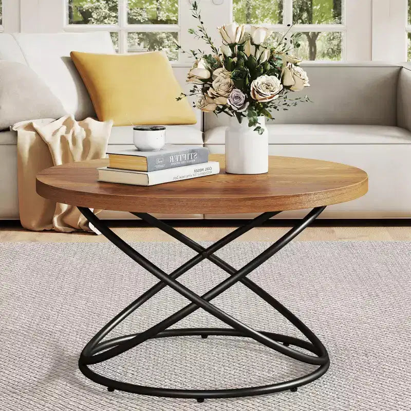 Bekrvio 31.5'' Round Glass/Faux Marble Coffee Table with Gold-Plating Bright Metal Oval Frame,Modern Circle Coffee Table for Living Room