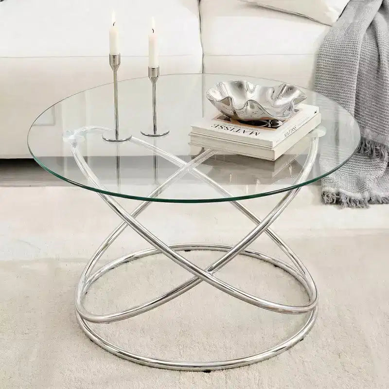 Bekrvio 31.5'' Round Glass/Faux Marble Coffee Table with Gold-Plating Bright Metal Oval Frame,Modern Circle Coffee Table for Living Room