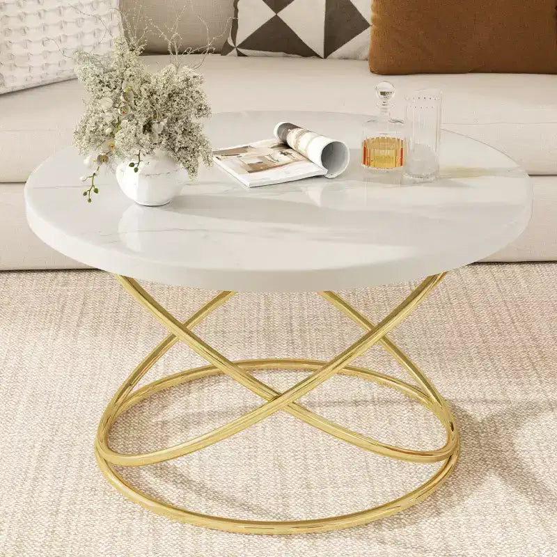 Bekrvio 31.5'' Round Glass/Faux Marble Coffee Table with Gold-Plating Bright Metal Oval Frame,Modern Circle Coffee Table for Living Room