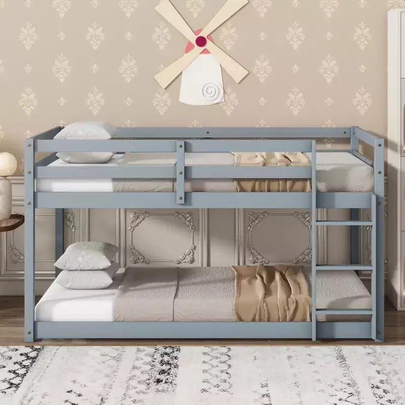 MATEERTY Solid Wooden, Twin Floor Bunk Bed wit Ladder, Upper and Bottom Bed Platforms Crafted with Stregthened Slats Gray