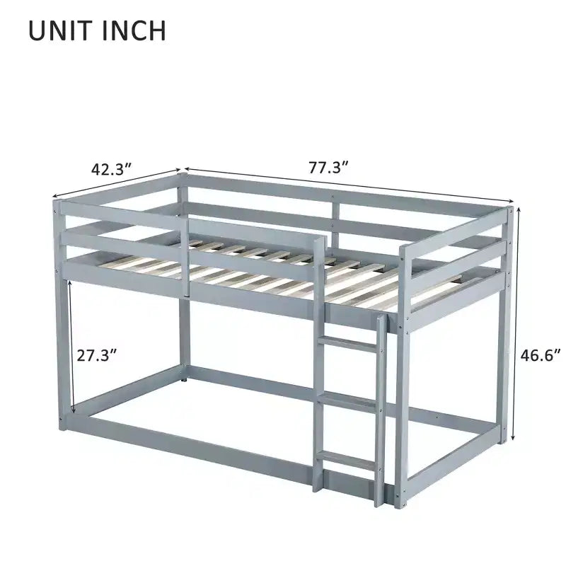 MATEERTY Solid Wooden, Twin Floor Bunk Bed wit Ladder, Upper and Bottom Bed Platforms Crafted with Stregthened Slats Gray